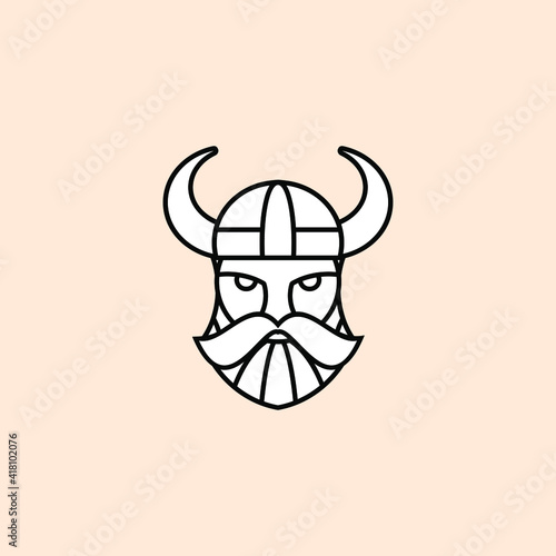 Head of bearded viking warrior with horned helmet in outline style
