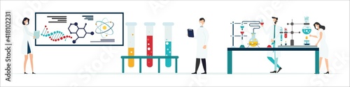 Scientists in lab. Scientist people wearing lab coats. science researches and chemical laboratory experiments. Chemistry clinic laboratories. microbiology pharmaceutical research. Vector.