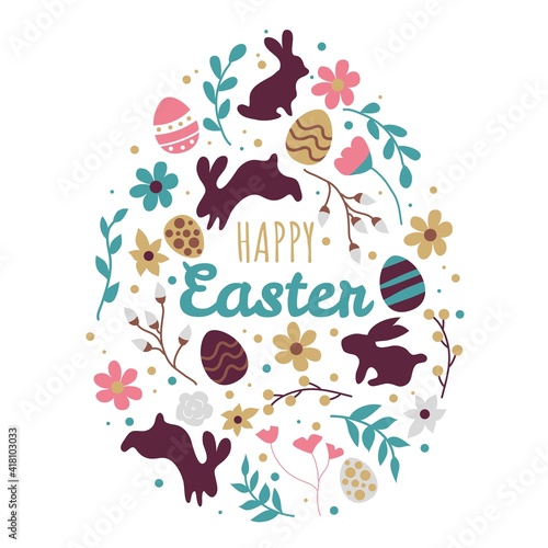 Happy easter. Ready postcard for the holiday. Rabbit, Easter eggs, flowers, pussy willow, mimosa. Spring, a religious holiday. Easter poster and banner template for Easter. Template for promotion.