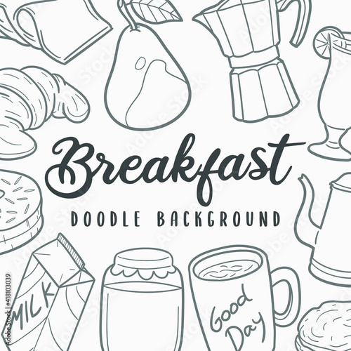 Breakfast Doodle Banner Icon. Food Vector Illustration Hand Drawn Art. Line Symbols Sketch Background.