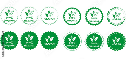 Set of natural product icon, green organic bio vector logo illustration. leaf and drop. Pure eco label stamp for products package and Design. エコラベル、グリーン、オーガニックロゴセット、グリーンラベル