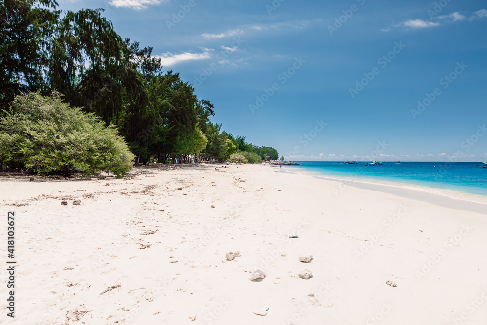 Sandy beach and blue ocean in paradise island.