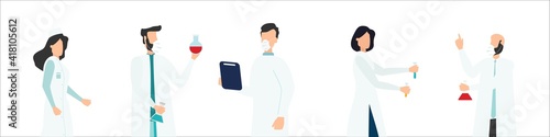 Scientists people. Science lab worker. Сhemical researchers and scientist professor character. laboratory creative scientist job. medicine workers characters. Vector Illustration.