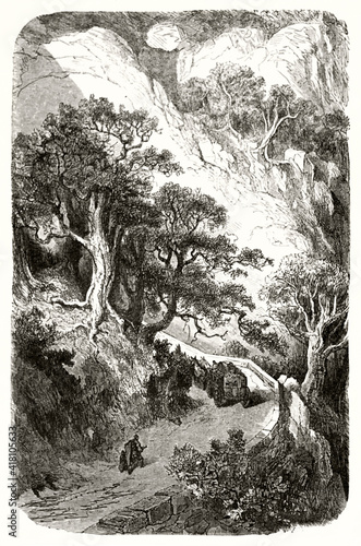 uphill path among nature in Col du Perthus mountain, France, and old transports on it. Ancient grey tone etching style art by Dore, Magasin Pittoresque, 1838