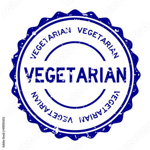 Grunge blue vegetarian word round rubber seal stamp on white background