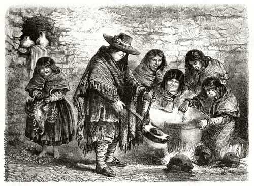Quechua people cooking traditional meal using a ceramic pot in a poor hut in Aguas Calientes, Peru. Ancient grey tone etching style art by Riou and Maurand, Magasin Pittoresque, 1838 photo