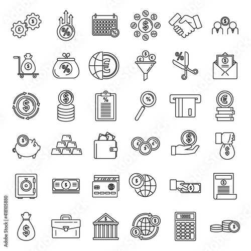 Credit union bank icons set. Outline set of credit union bank vector icons for web design isolated on white background