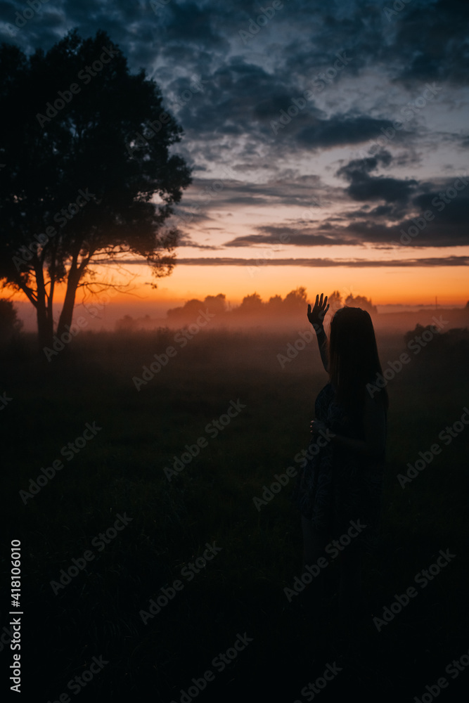 Fototapeta premium hand on the background of the sunset sky