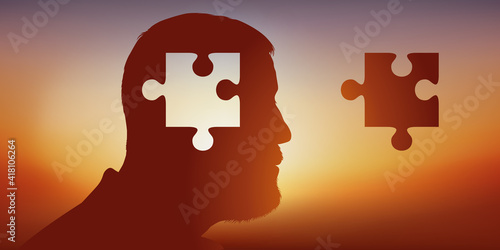 Concept de la perte de mémoire avec un homme dont une pièce de puzzle a été retiré de son crâne, symbolisant son cerveau défaillant.