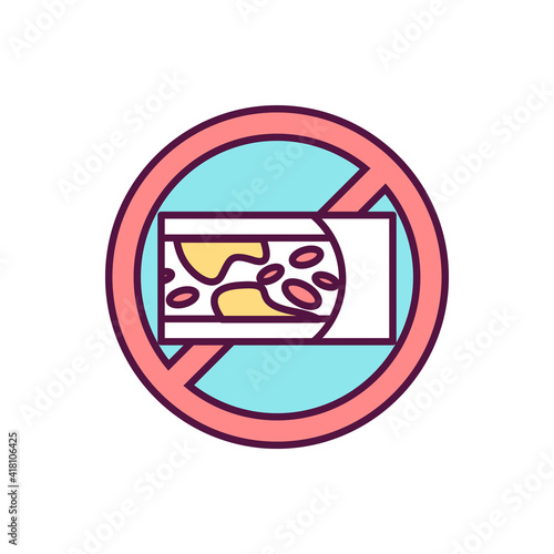 High cholesterol level reduction RGB color icon. Deposits in blood vessel walls. Heart-healthy lifestyle. Clogged arteries avoiding. Unsaturated fat. Diet and exercises. Isolated vector illustration