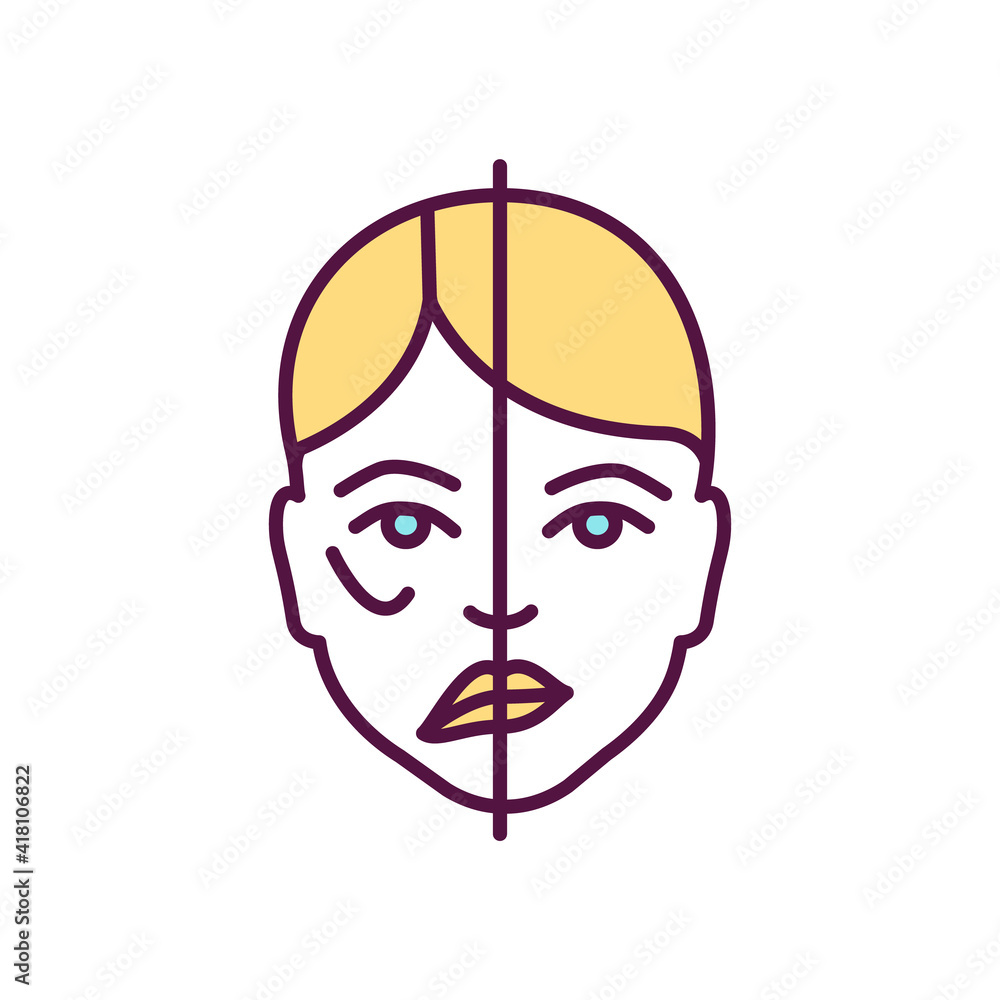 Facial paralysis RGB color icon. Moving face muscles inability. Nerve