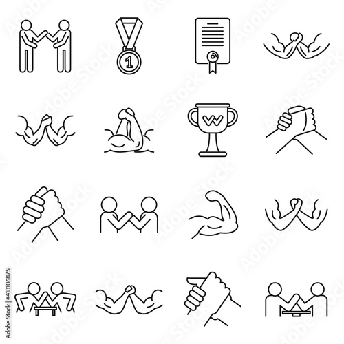 Sport arm wrestling icons set. Outline set of sport arm wrestling vector icons for web design isolated on white background