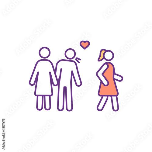 Adultery RGB color icon. Cheating  infidelity. Emotional betrayal in marriage. Jealousy relationship. Sexual relations between married and unmarried person. Isolated vector illustration