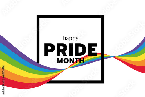 Happy pride month text word in Square frame and rainbow flag wave around vector design