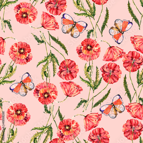 Watercolor seamless pattern with poppies and butterfly on pink background.