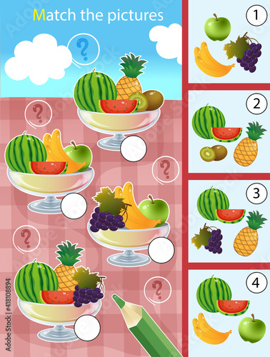 Fototapeta Naklejka Na Ścianę i Meble -  Matching game, education game for children. Puzzle for kids. Match by elements. Vases with fruits and berries. Grape, apple, kiwi, watermelon, banana, pineapple