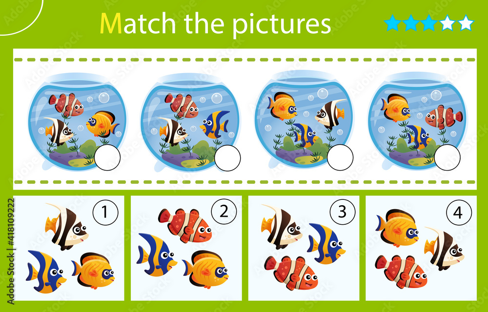 Matching game, education game for children. Puzzle for kids. Match by elements. Aquarium fishes. Clownfish, guppy, angelfish. Worksheet for preschoolers