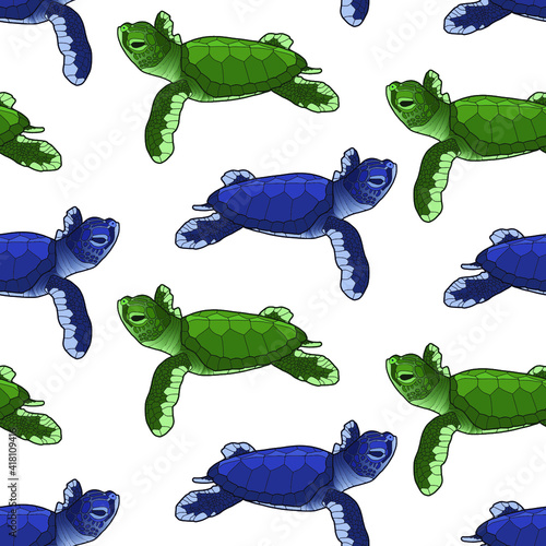 Seamless background with little sea turtles. Blue and green turtles isolated on white background. 