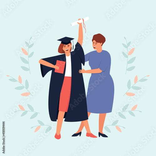 Mom looks at her graduate daughter with a diploma and a scroll. Girl in a black dress and a graduation hat. Happy teenage girl graduated from an educational institution. Flat vector illustration.