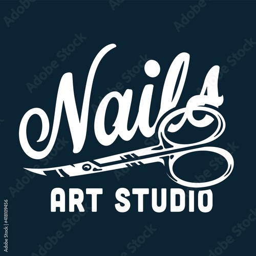 Emblem with manicure scissors or tools for nail bar and beauty salon. Clipper or instrument fingernail studio or manicurist service