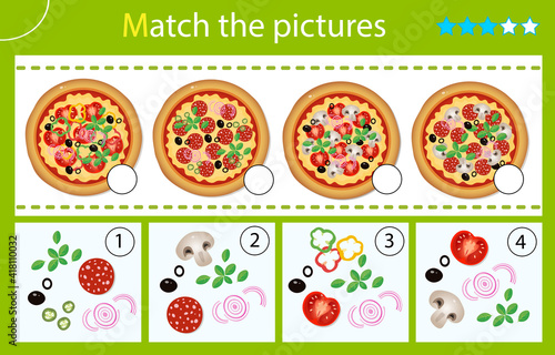 Matching game, education game for children. Puzzle for kids. Match by elements. Pizza. Worksheet for preschoolers.