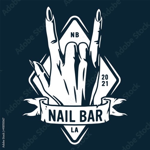 Emblem with woman wrist rock sign. Female hand with rock and roll fingers for nail bar and beauty studio. Fashion, trendy style of fingernails