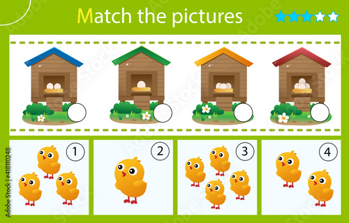 Matching game, education game for children. Puzzle for kids. Which house are the chickens from? Eggs and chicks. Worksheet for preschoolers