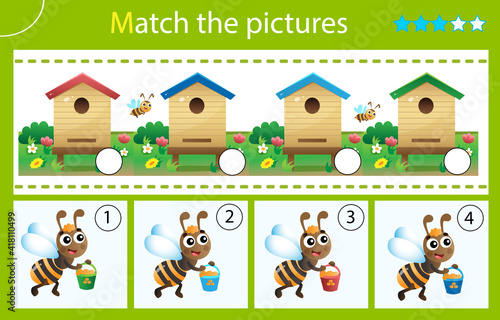 Match by color. Puzzle for kids. Matching game  education game for children. Bees and beehives. Worksheet for preschoolers