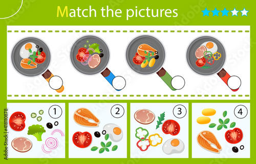 Matching game, education game for children. Puzzle for kids. Match by elements. Frying pans and products. Food and meals. Worksheet for preschoolers.