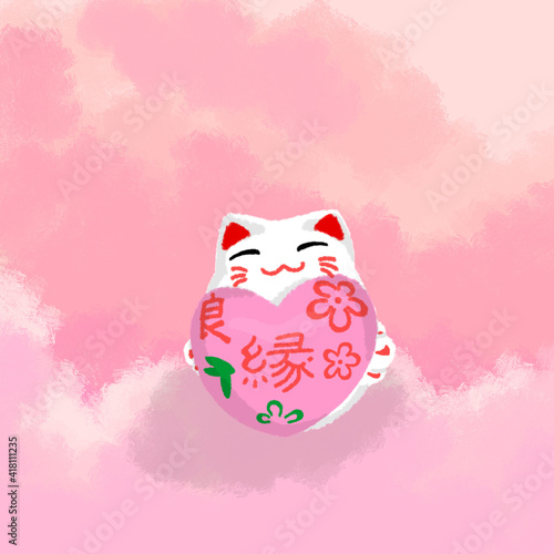 A cute Japanese congrats lucky cat hold a heart