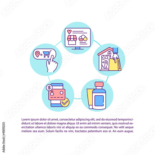 Online pharmacy order concept icon with text. E-commerce, drugstore business. Purchase pills. PPT page vector template. Brochure, magazine, booklet design element with linear illustrations
