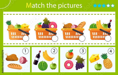 Matching game, education game for children. Puzzle for kids. Match by elements. Grocery baskets or food baskets with goods. Shop and purchases. Worksheet for preschoolers