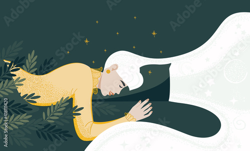 The young woman is sleeping. Healthy rest concept, quality pillow and mattress. Flat vector illustration