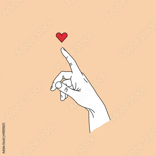 Vector emblem, design in trendy linear minimalist style. Postcard with minimalistic linear style. Hand pointing with index finger to heart. 
