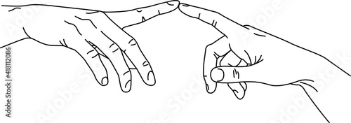 The Creation of Adam in simple minimalistic line art style. Vector Illustration of hands. Lineart in a trendy minimalist style. Fingertip touch  