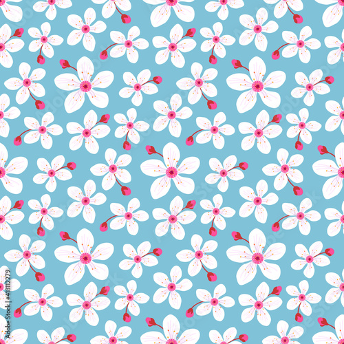 Cherry blossom spring seamless pattern, cute pink flower print on blue background