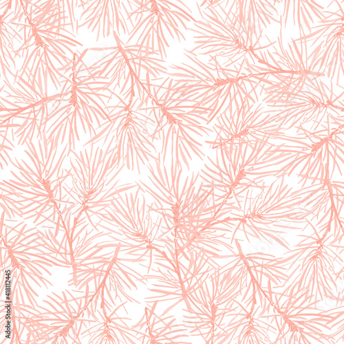 Pink branches of christmas pine watercolor pattern. Template for decorating designs and illustrations.