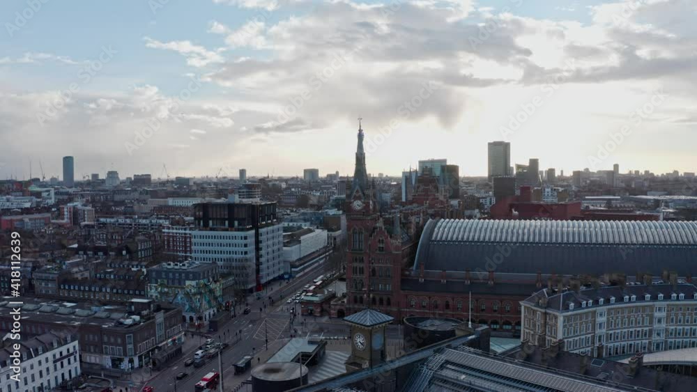 Circling drone shot around London st Pancras kings cross train station Circling drone shot around London st Pancras kings cross train station