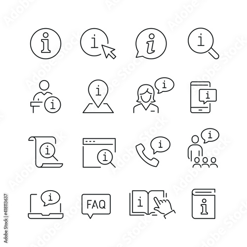 Information related icons: thin vector icon set, black and white kit