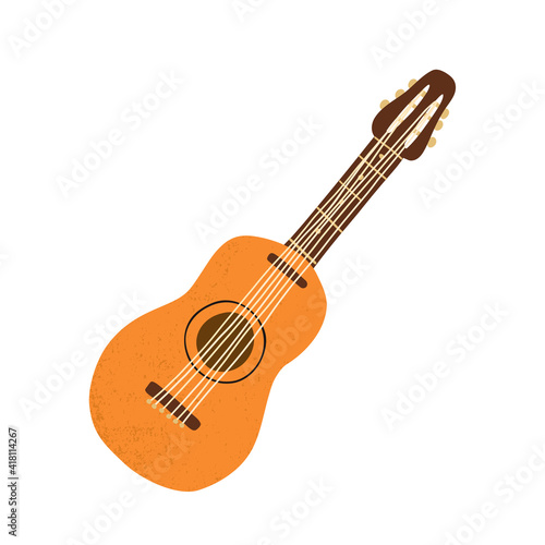 Cartoon hand-drawn classical 6-strings guitar with texture. Vector isolated illustration.