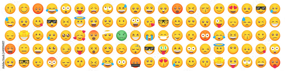 Big set of 100 emoticon smile icons. Cartoon emoji set. Vector emoticon set Big set of 100 emoticon smile icons. Cartoon emoji set. Vector emoticon set