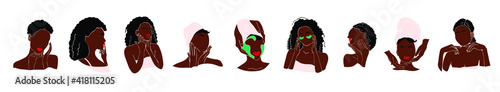 Spa center service flat vector illustrations set. Colorful Portraits of african visitors of beauty salons. Icons.Facial masks.
