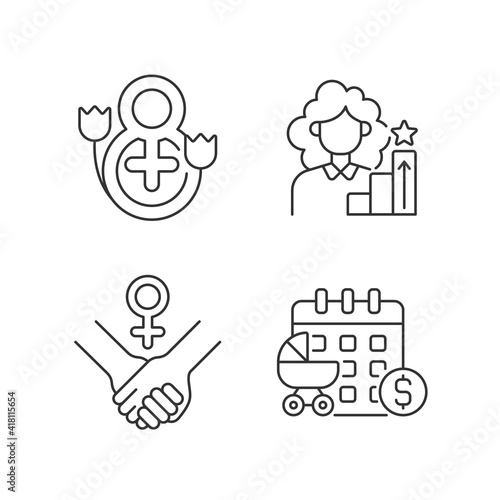 Feminism linear icons set. Girl power. Women day. Paid maternity leave. Establishing social justice. Customizable thin line contour symbols. Isolated vector outline illustrations. Editable stroke