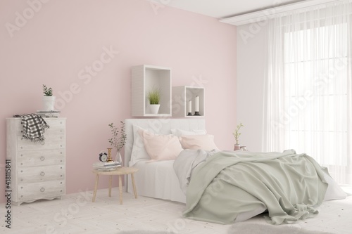 Pink bedroom interior. Scandinavian design. 3D illustration