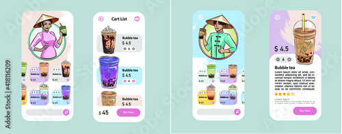 a phone app for ordering drinks with Thai tea with pearl tapioca bubbles,
A mobile app UI design for an imaginary bubble tea brand - Bubba