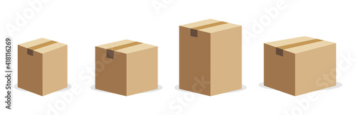 Box for paper in flat design. Set of cardboard mockups. Carton package box. 3d cube graphic elements. Vector Illustration.