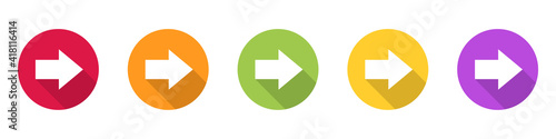 Colorful arrow icon in circle. Collection colored arrow with shadow. Modern flat simple arrows isolated. Cursor sign. Arrows vector graphic elements. Vector illustration.