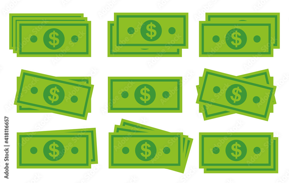 Green dollar banknotes. Flat paper money cash. Different dollar banknotes isolated on white background. Vector illustration. Green dollar banknotes. Flat paper money cash. Different dollar banknotes isolated on white background. Vector illustration.