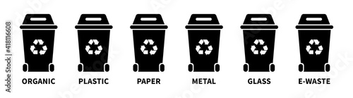 Recycle bins icon set with recycle waste symbols. Trash cans with sorted garbage. Recycle garbage separation vector illustration.