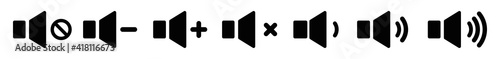 Set of black volume sound icon. Increases and reduces the sound.Sound symbol with signal levels. Vector illustration.	